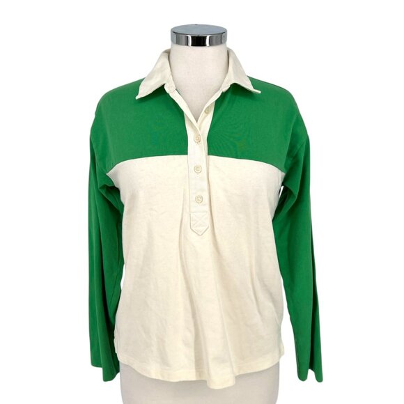 J.Crew Long Sleeve Polo Shirt in Colorblock Green Ivory Cream Size XS - Picture 1 of 9